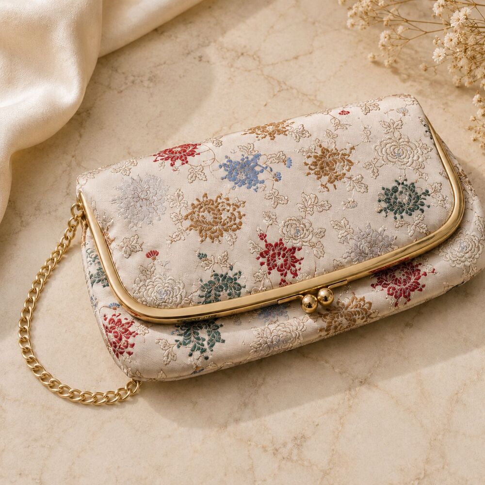 Vintage Japanese Silk Brocade Clutch: Kyoto Floral Satin Evening Bag Romantic